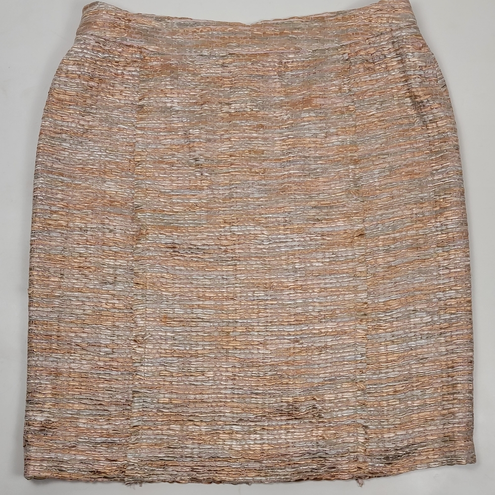 LiliU Cream with Pastels Silk Blend Ribbon Woven Fringe Detail Midi Skirt, sz 14